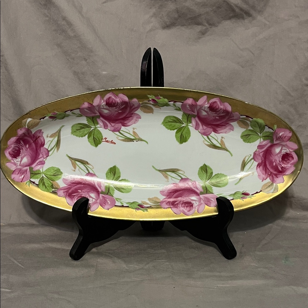 Antique O&EG Royal Austria Hand Painted Gold Trim Relish Oval Bowl